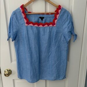 Talbots NWT! Cotton/Linen Chambray Blouse with Red and Pink Trim, sz L
